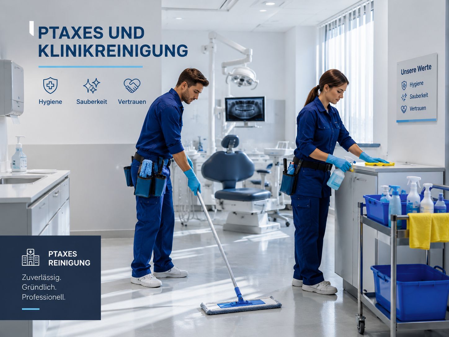 Professionelle Praxisreinigung und hygienische Desinfektion von Behandlungsräumen.